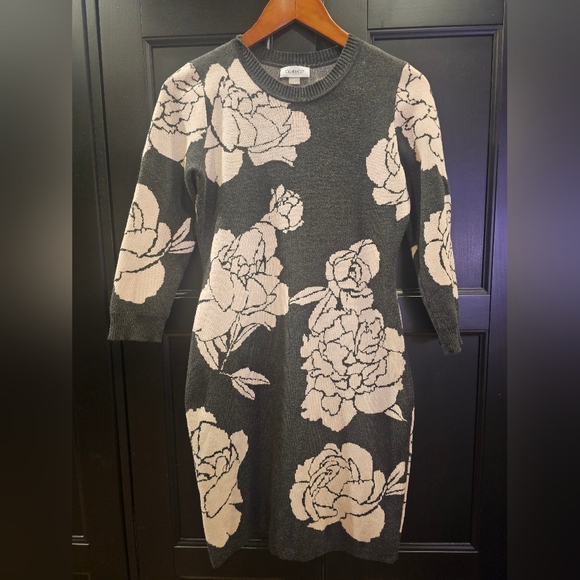 Calvin Klein Sweater Dress- Charcoal With Light Pink Floral Pattern- Small - Picture 3 of 7